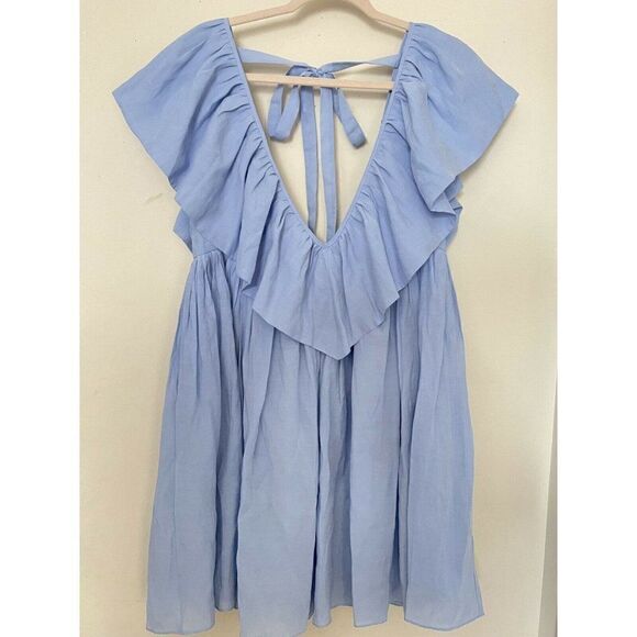 NWT FREE PEOPLE X KETEVANNA Sz M ANNA RUFFLE MINI DRESS IN BLUE - Picture 3 of 4